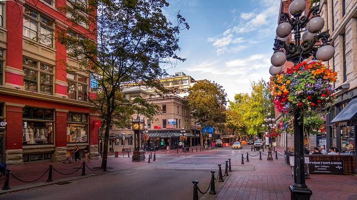 A view of a cobblestone street with buildings, lampposts, and trees