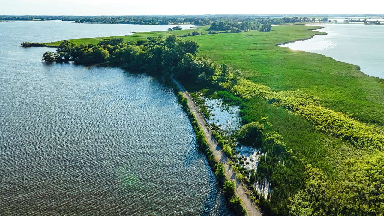 The sun shines over a verdant break wall in the middle of a large river