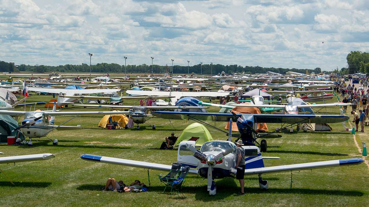 Many light planes parked on a grassy field for an event
