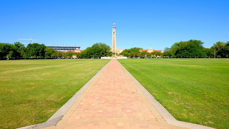 A walkway between green grass, leading to a concrete tower building under a blue sky