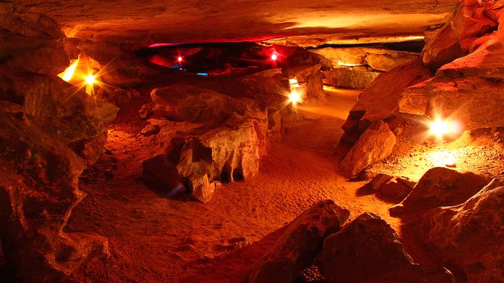 The interior of an illuminated underground cave