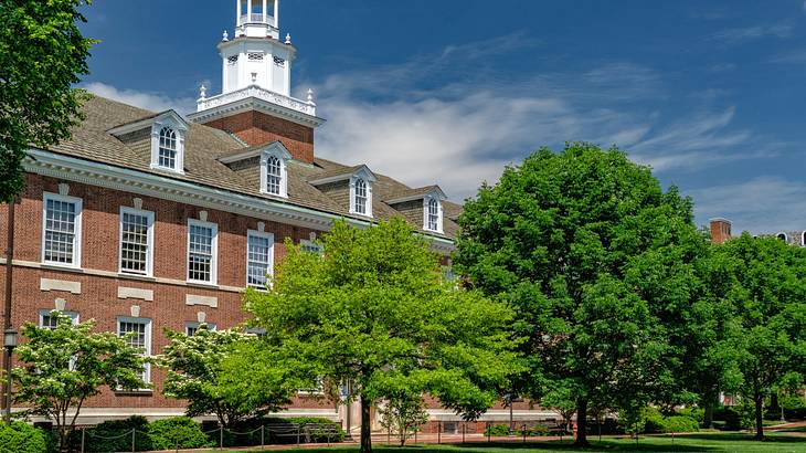 A brick building at John Hopkins University next to green trees