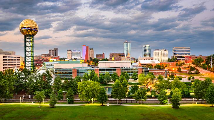 Green grass and trees against buildings and a city skyline under a cloudy sky