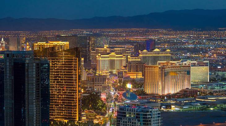 Aerial view of buildings and the Las Vegas Strip at night, Nevada, USA