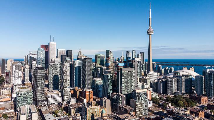 Aerial view of Downtown Toronto buildings on a sunny day, Ontario, Canada