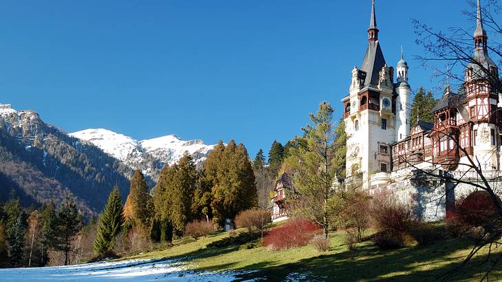 Winter panorama of a royal castle amongst trees and mountains in Sinaia, Romania