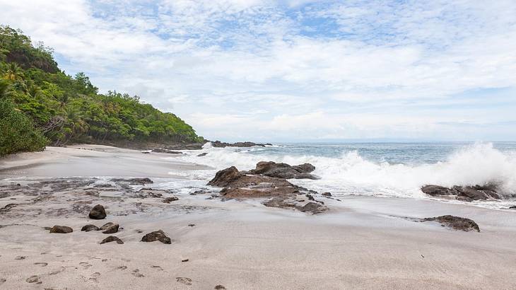 Montezuma Beach with a sandy shore, rocks, trees, and crashing waves