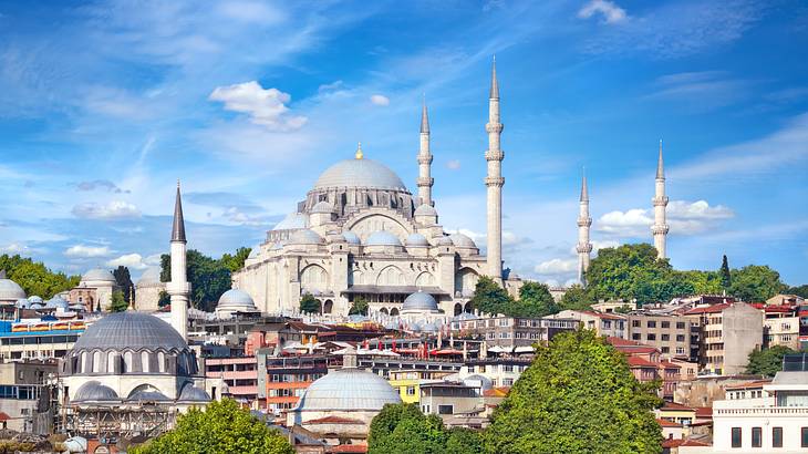 The view of a huge mosque surrounded by colorful small buildings and trees