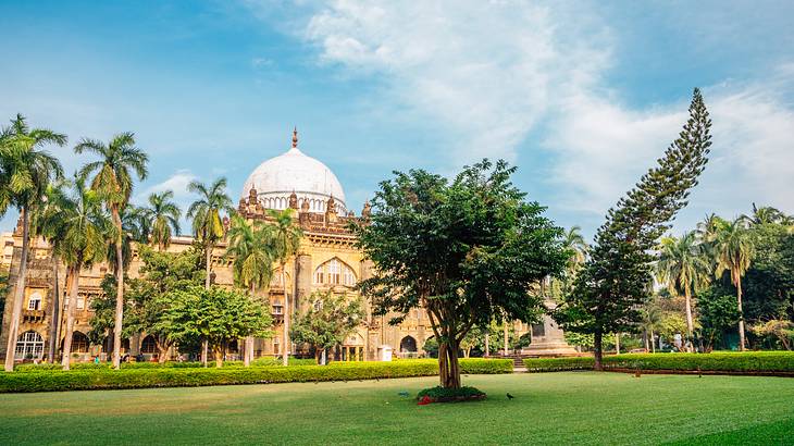 Trees on green grass next to a historical palace with a white dome