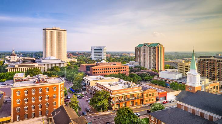 View from the top of colorful buildings surrounded by greenery and cars View from the top of colorful buildings surrounded by greenery and cars