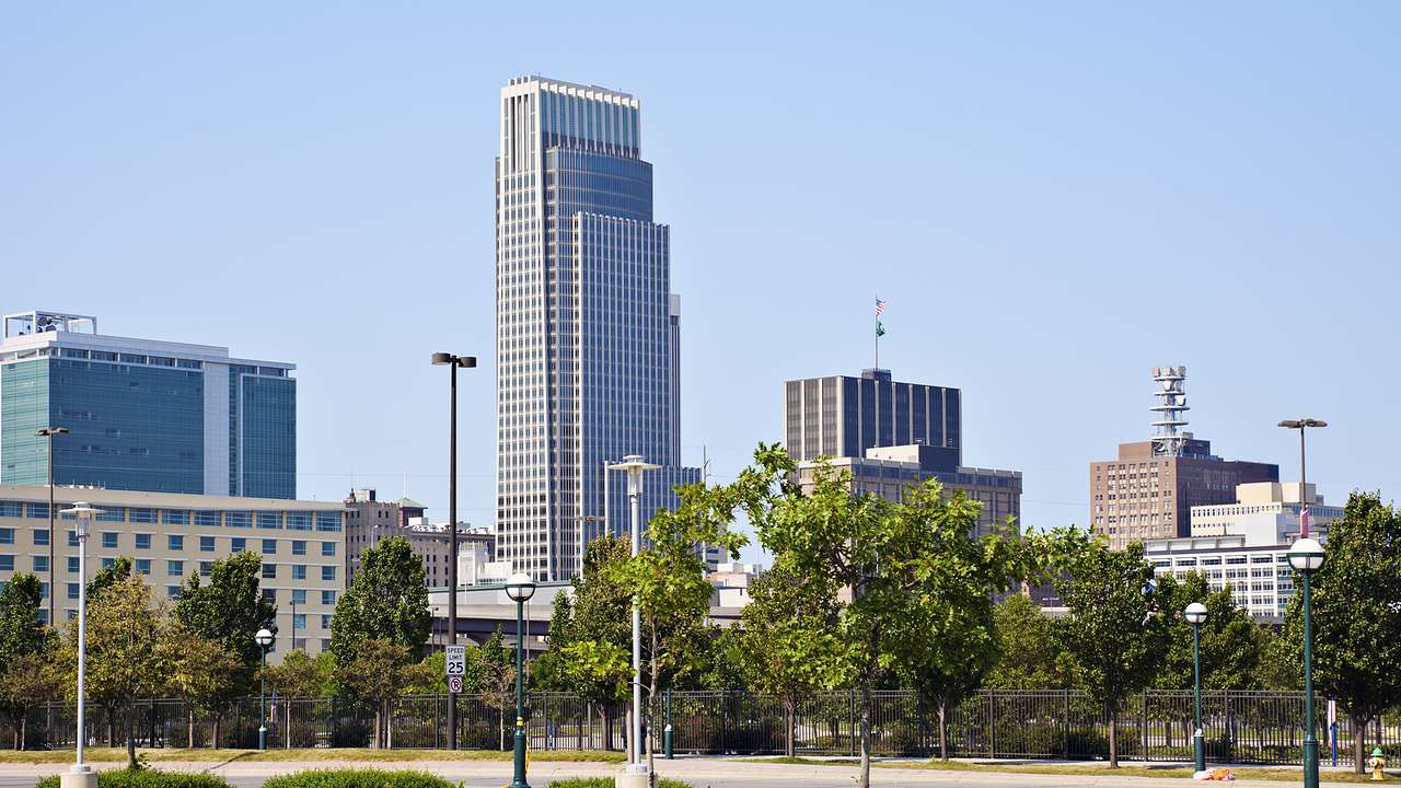 Trees and posts in front of buildings and a clear sky in the background