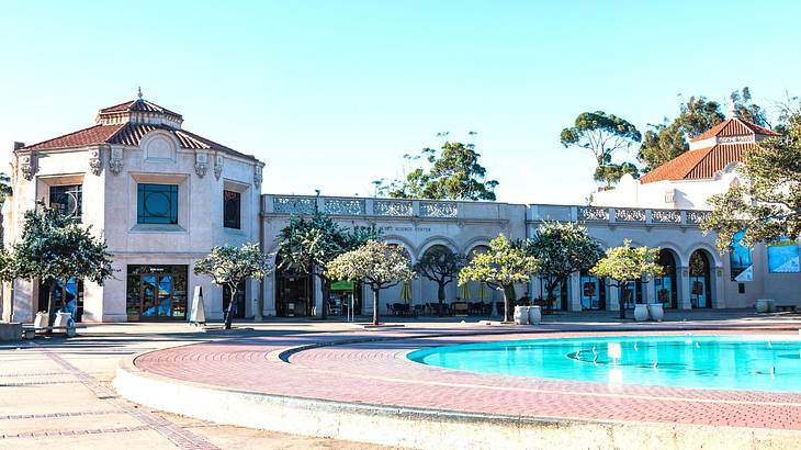 A white museum building with a pool and palm trees in front of it