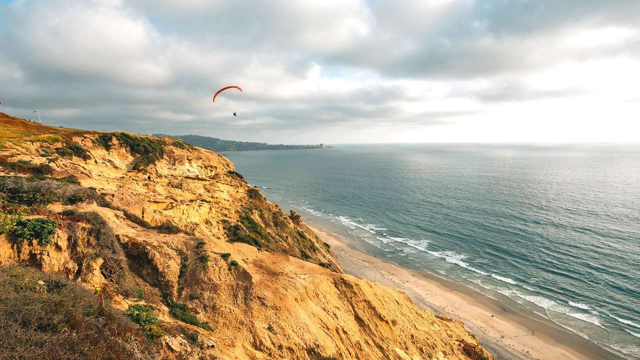 Sandy cliffs with a beach below and a person paragliding over the water