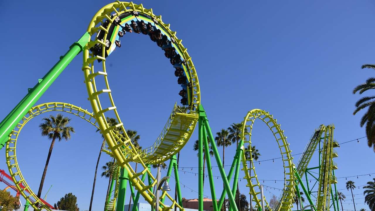Looking up at a green color roller coaster against palm trees and clear blue sky