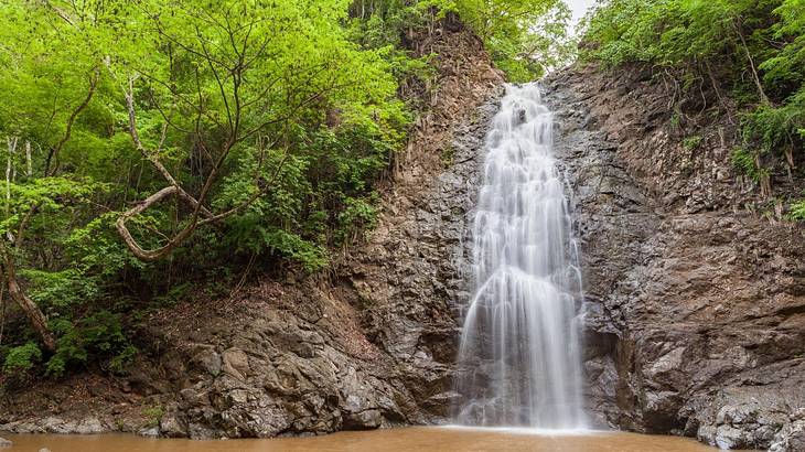 A waterfall flowing down rocks with greenery surrounding it