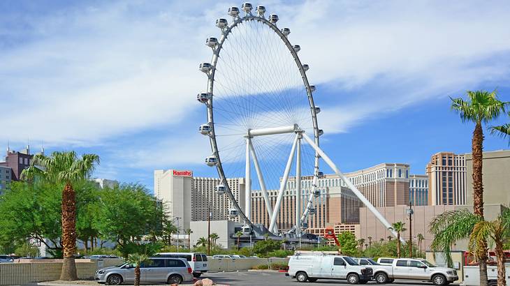 An observation wheel with buildings behind it and cars and palm trees in front