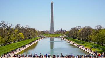 Tourists hanging around a reflecting pool surrounded by trees facing an obelisk