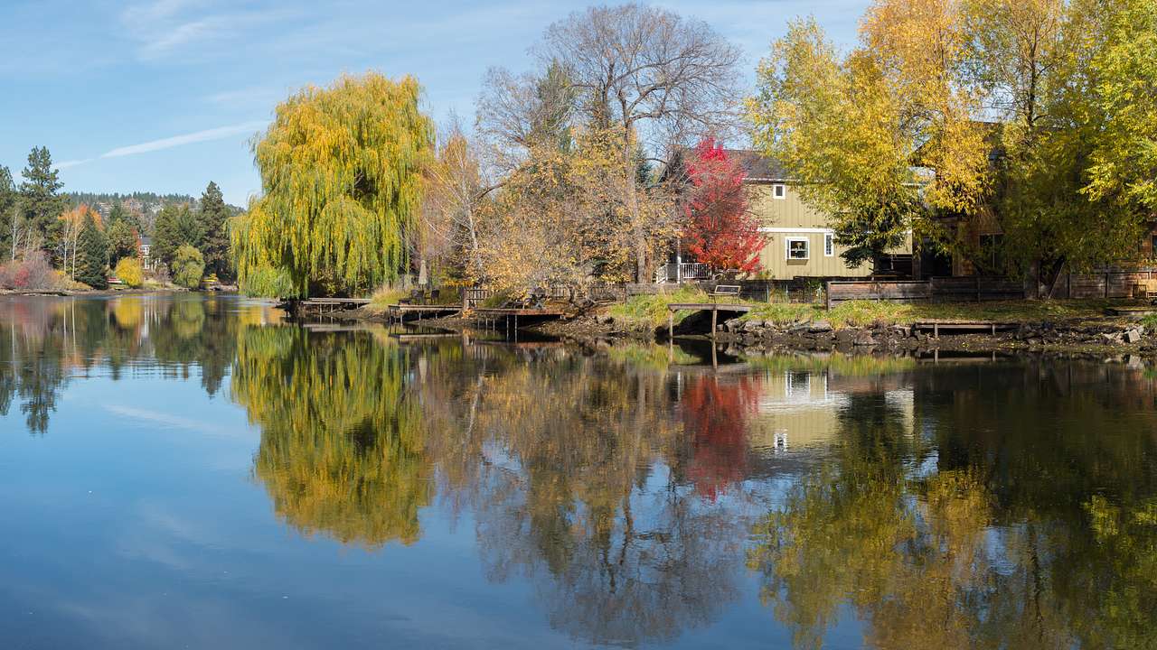 A reflective pond along a bank with green trees and a house under a blue sky