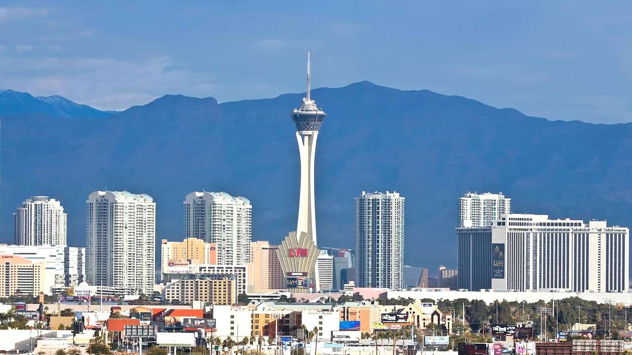 Daytime view of a skyline with an observation tower and tall buildings
