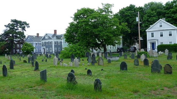 A cemetery with gravestones surrounded by grass and houses behind them