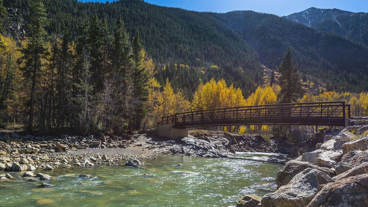 A pedestrian bridge over a stream surrounded by mountains with alpine trees