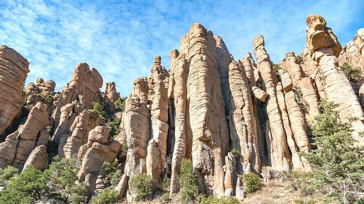 Tall grey hoodoos surrounded by bushes against a partly cloudy sky