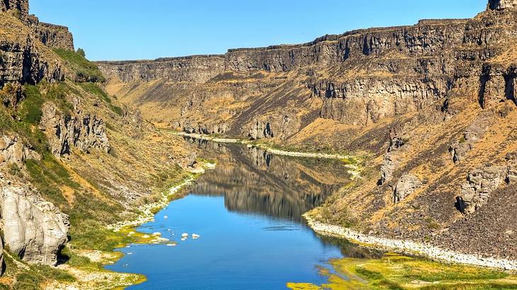 A canyon with some greenery on it and water running through it A canyon with some greenery on it and water running through it