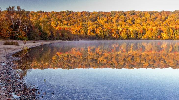A reflective lake with a shoreline on the left, against autumn trees