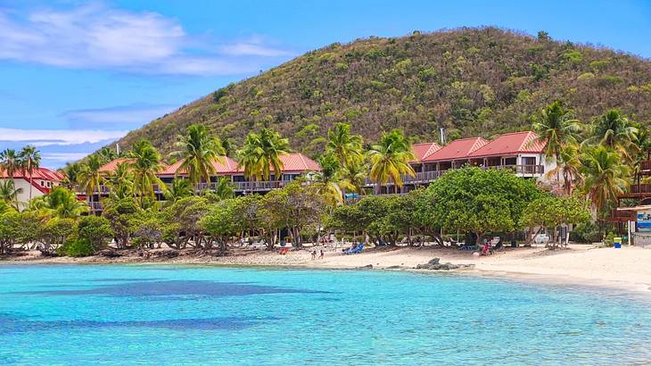 Blue water with a sandy shore, houses, and a greenery-covered hill to the side