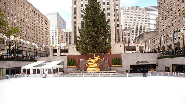 An ice rink with a gold statue and tree behind it and buildings surrounding it