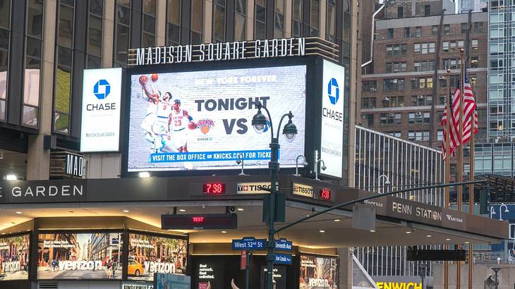 A Madison Square Garden billboard promoting a New York Knicks game