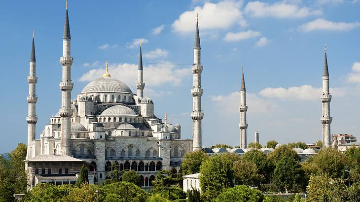 A huge mosque with several blue domes and tall towers, surrounded by trees