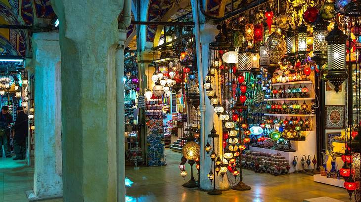 A lamp shop with various lit-up items on display