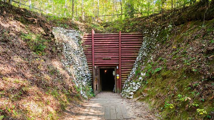 An underground entryway to a mine with greenery on the hill around it