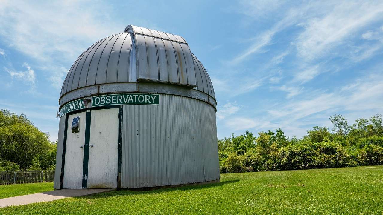 A small silver structure with a domed roof that says "Frosty Drew Observatory"