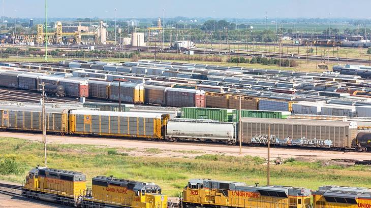 Looking down on a railway yard with trains in it Looking down on a railway yard with trains in it