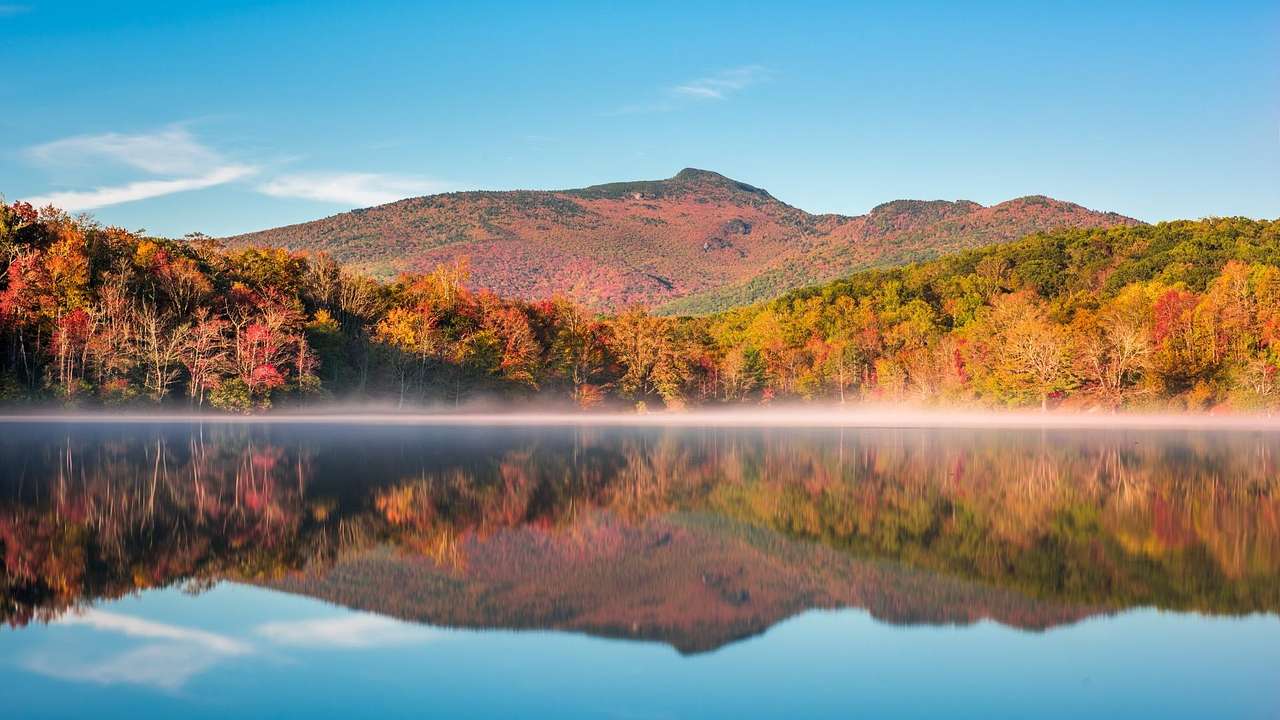 A mountain surrounded by fall trees next to a lake with reflections in the water