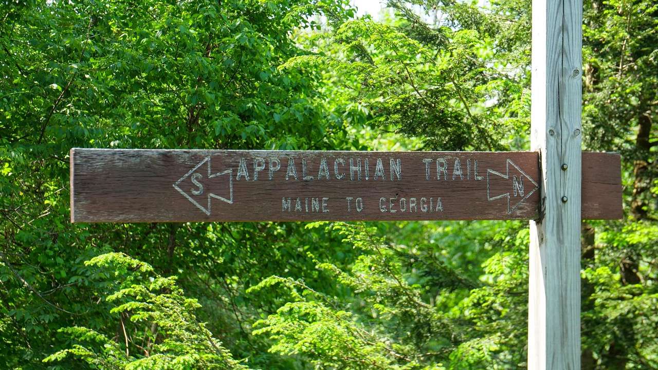 A wooden sign that says "Appalachian Trail - Maine to Georgia" with trees behind it