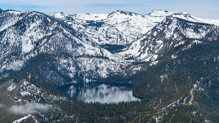 A helicopter over Lake Tahoe is one of the things to do in Lake Tahoe in the winter
