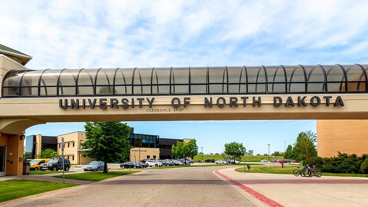 A skyway and an entrance with a huge text of "University of North Dakota"
