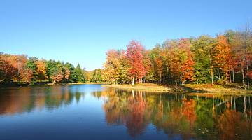 A lake surrounded by green, red, and orange fall trees under a clear sky