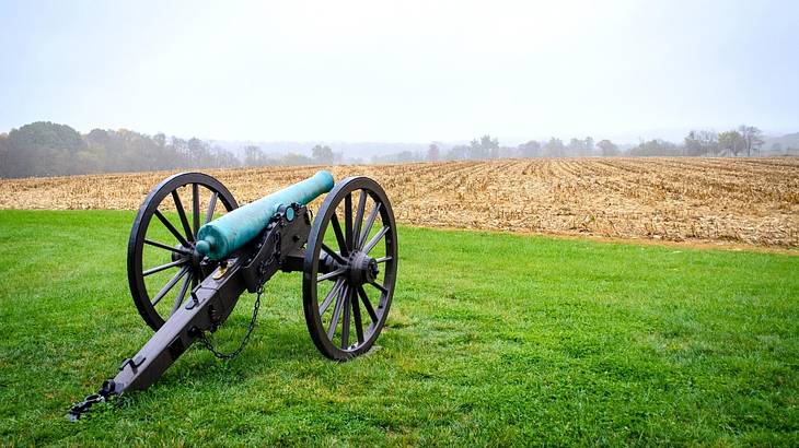 A cannon with two wheels, made of iron, on green grass facing an empty field