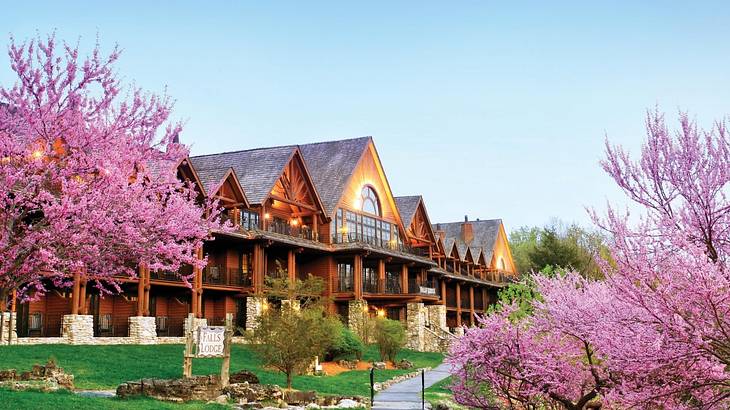 A large wooden lodge with greenery and pink blossom trees in front of it