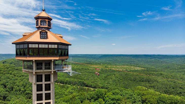 An observation tower with a zipline to the side surrounded by green forest