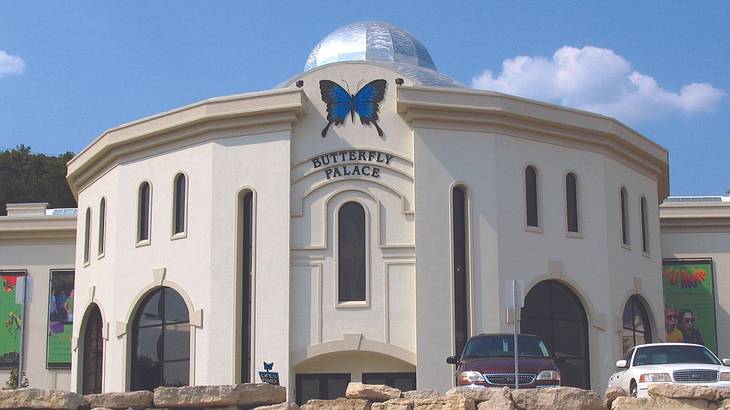 A round white building with a sign that says "Butterfly Palace" and a blue butterfly