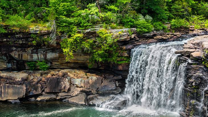 A waterfall flowing into a pool with rocks and greenery around it