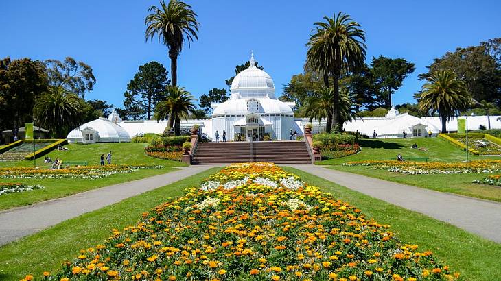 A white conservatory surrounded by grass, flowers, and palm trees on a clear day A white conservatory surrounded by grass, flowers, and palm trees on a clear day