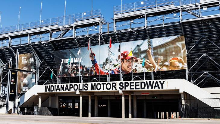 A stadium with an "Indianapolis Motor Speedway" sign