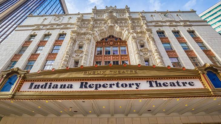 A stone building that says "Indiana Repertory Theatre"