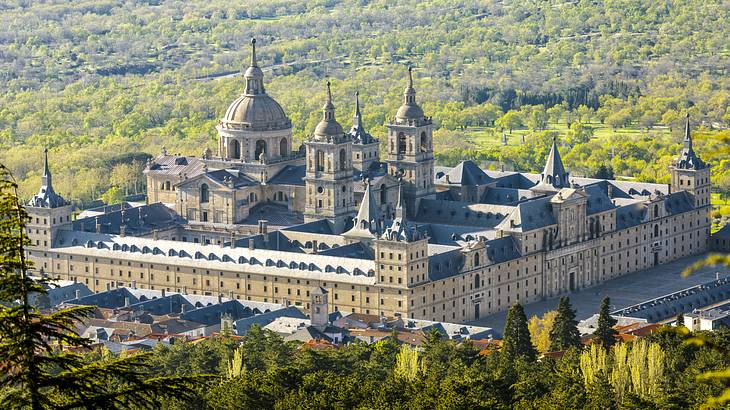 Aerial view of a building complex with buildings in front and greenery at the back